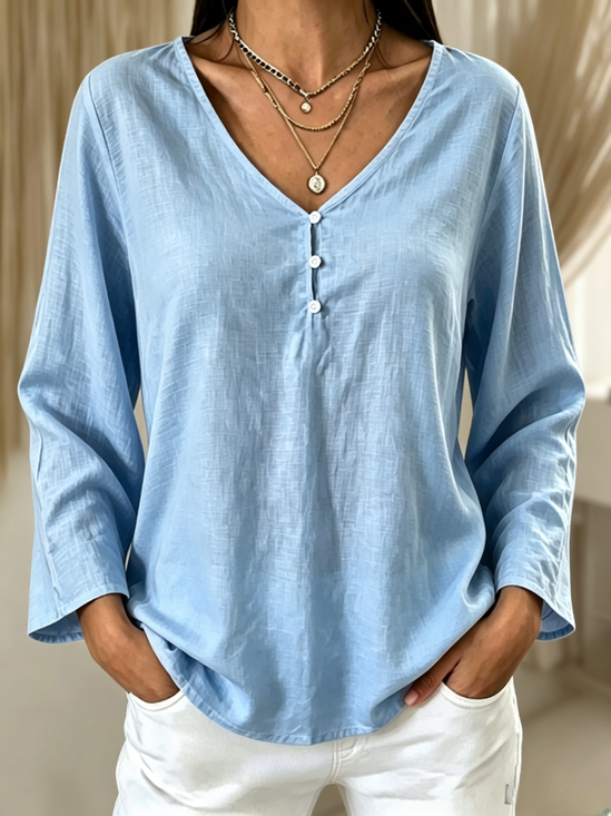 Casual Plain V Neck Long Sleeve T-shirt