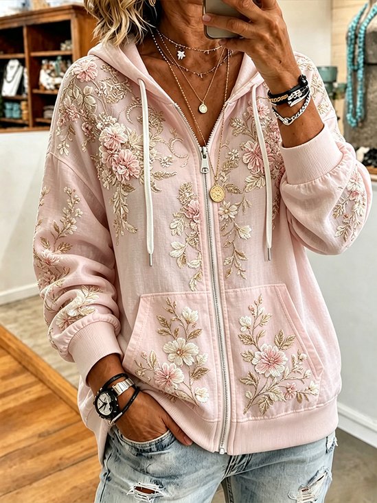 Women Spring/Fall Outerwear Casual Floral Long Sleeve Hoodie Jacket