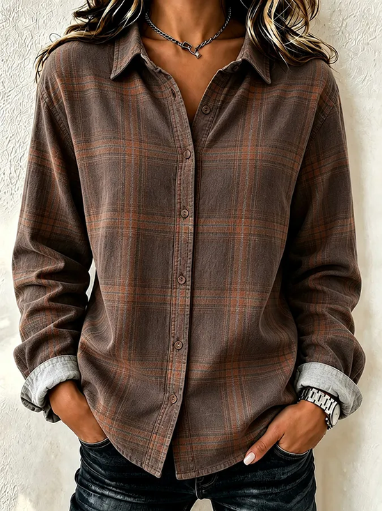 Women Plaid Casual Shirt Shirt Collar Long Sleeve Buckle Top