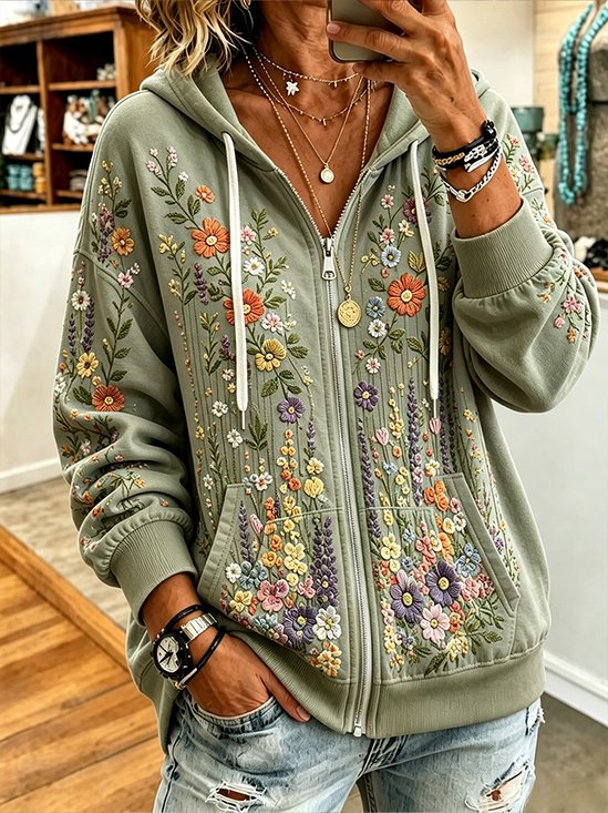 Women Spring/Fall Outerwear Casual Floral Long Sleeve Hoodie Jacket