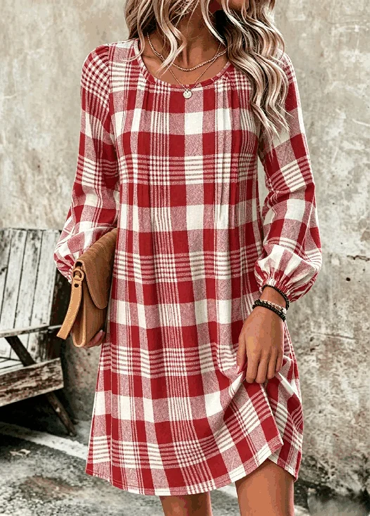 Women Plaid Spring/Fall Dress Crew Neck Long Sleeve T-Shirt Dress A-Line Dress