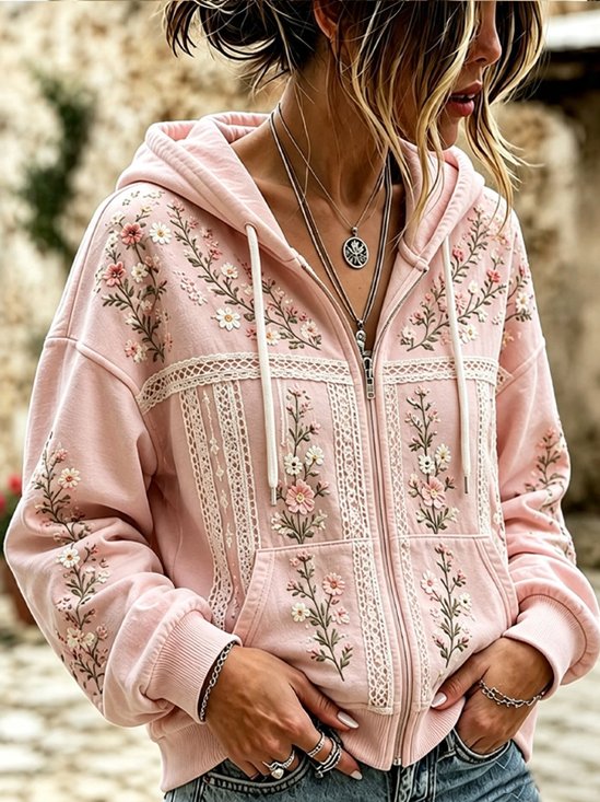 Women Spring/Fall Outerwear Casual Floral Long Sleeve Hoodie Jacket
