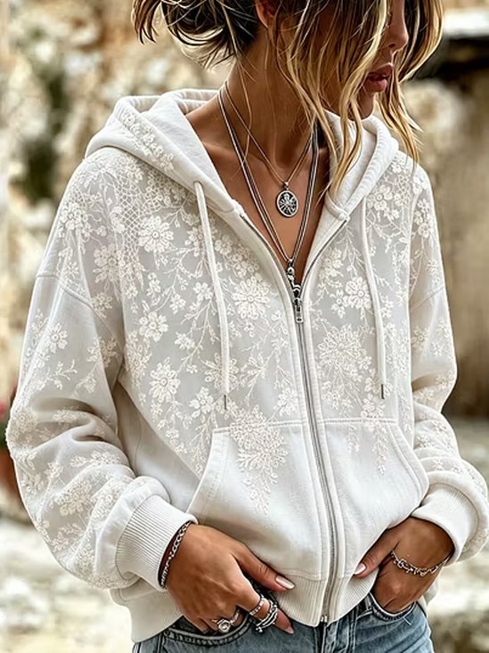 Women Spring/Fall Outerwear Casual Floral Long Sleeve Hoodie Jacket