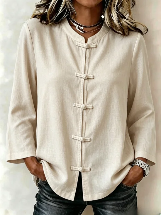 Women Plain Casual Shirt Mandarin Collar Long Sleeve Top