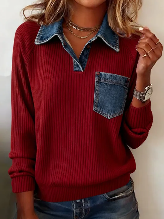 Casual Color Block Half Open Collar Long Sleeve Sweatshirt