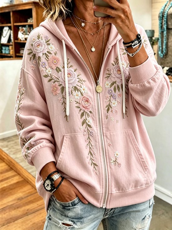 Women Spring/Fall Outerwear Casual Floral Long Sleeve Hoodie Jacket