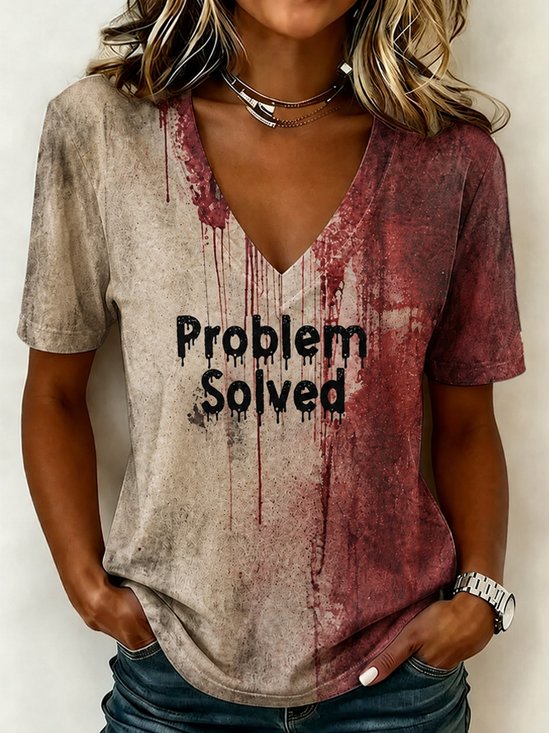 Vintage Text Letters V Neck Short Sleeve T-shirt