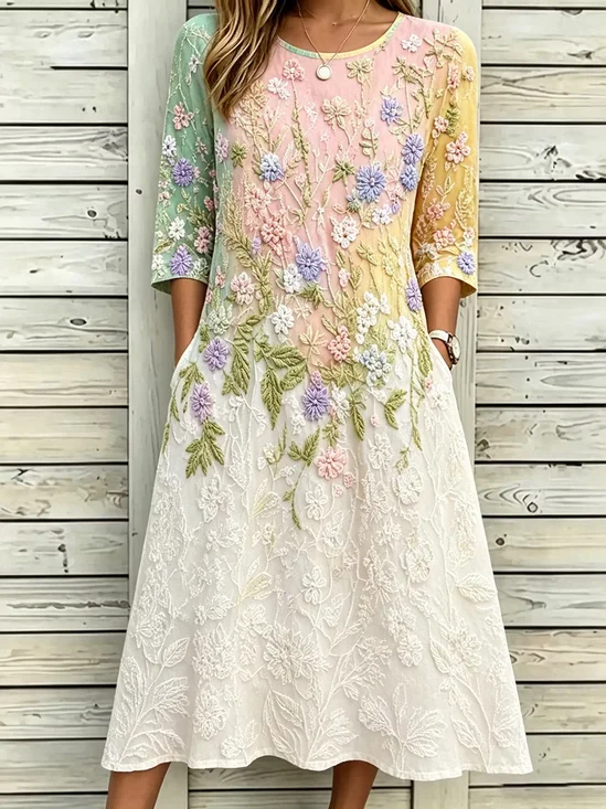 Women Floral Summer Dress Crew Neck Half Sleeve T-Shirt Dress A-Line Dress