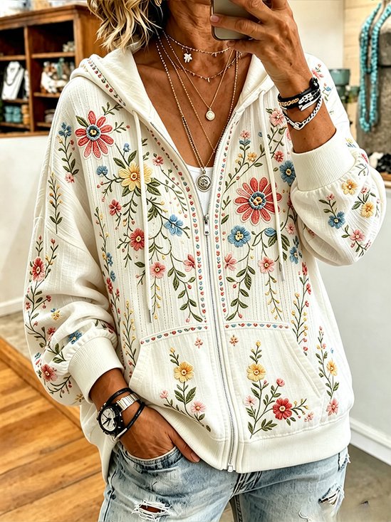Women Spring/Fall Outerwear Casual Floral Long Sleeve Hoodie Jacket