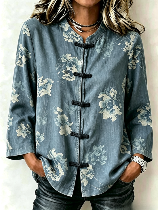 Women Floral Casual Shirt Mandarin Collar Long Sleeve Top
