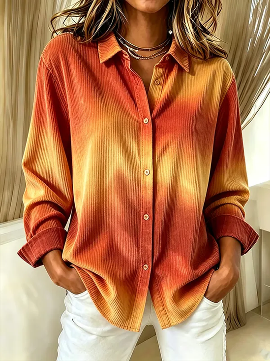 Women Ombre Casual Shirt Shirt Collar Long Sleeve Buckle Top