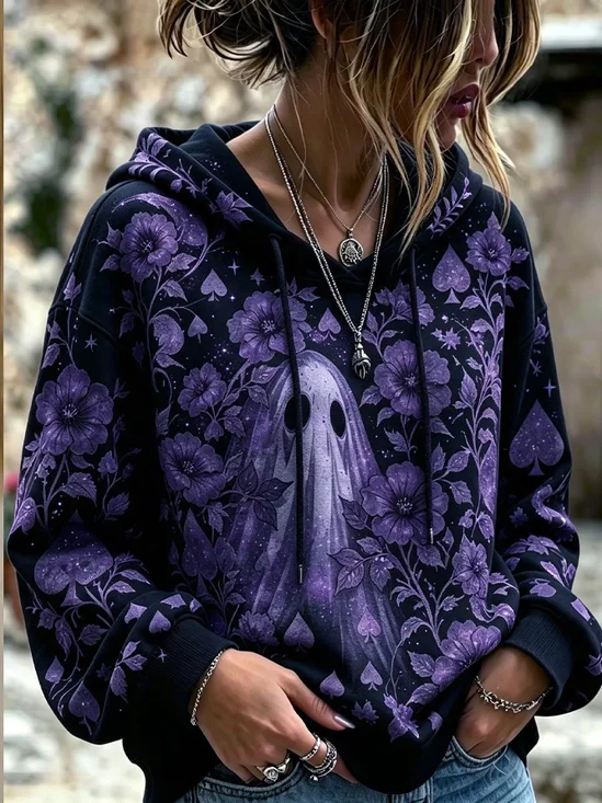 Halloween Casual Floral Ghost Print Hoodie Long Sleeve Hoodie