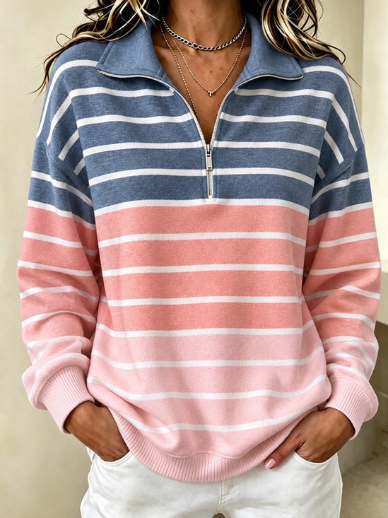 Casual Striped Half Open Collar Long Sleeve Sweatshirt