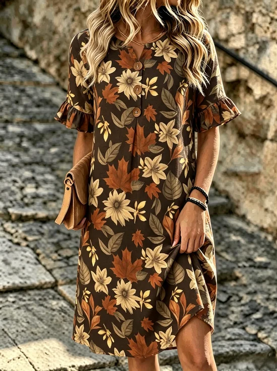 Women Maple Leaf Summer Dress V Neck Half Sleeve H-Line Dress