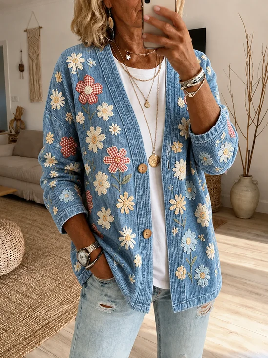 Women Spring/Fall Outerwear Casual Printing Floral Long Sleeve Jacket