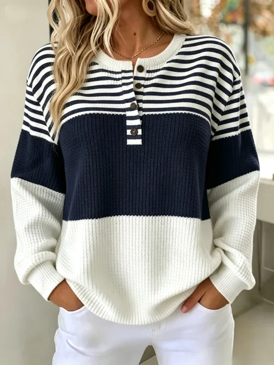 Casual Striped Henley Collar Long Sleeve Sweatshirt
