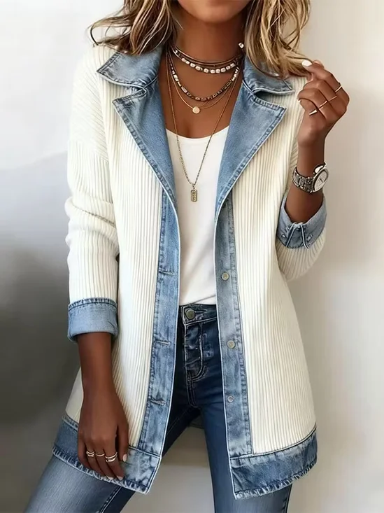 Women Spring/Fall Outerwear Vintage Split Joint Contrast Stitching Long Sleeve Lapel Collar Jacket
