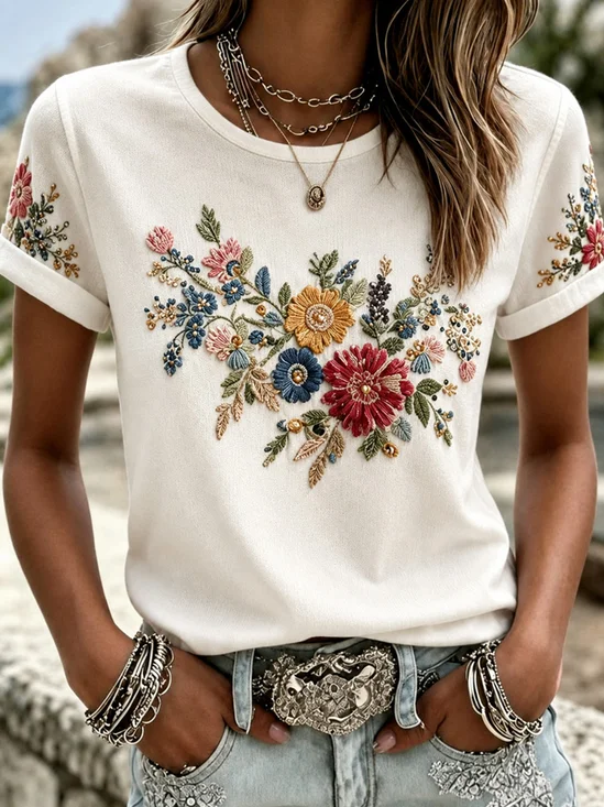 Casual Floral Crew Neck Short Sleeve T-shirt