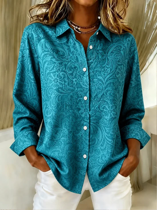 Women Floral Pattern Vintage Shirt Shirt Collar Long Sleeve Top