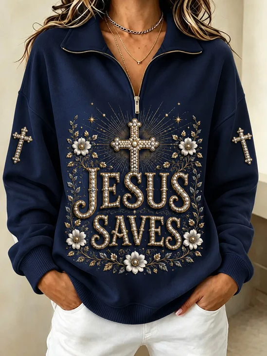 Vintage Text Letters Half Open Collar Long Sleeve Sweatshirt