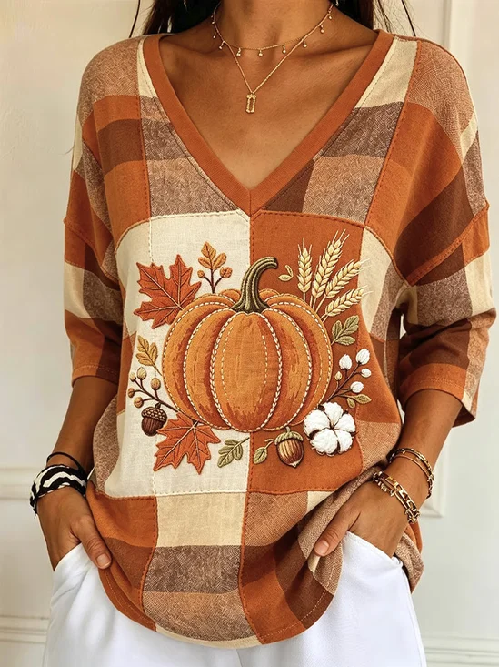 Casual Plaid V Neck Long Sleeve T-shirt