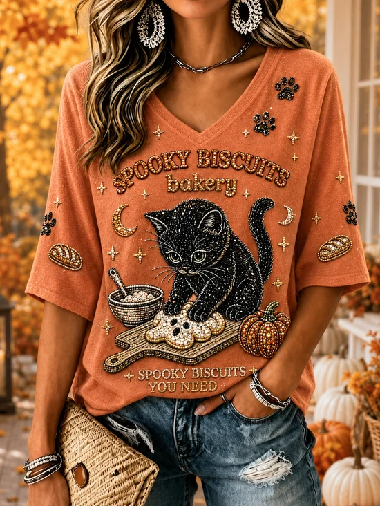 Vintage Halloween Black Cat Print V Neck Half Sleeve T-shirt