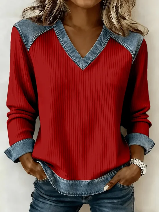 Vintage Plain V Neck Long Sleeve Sweatshirt