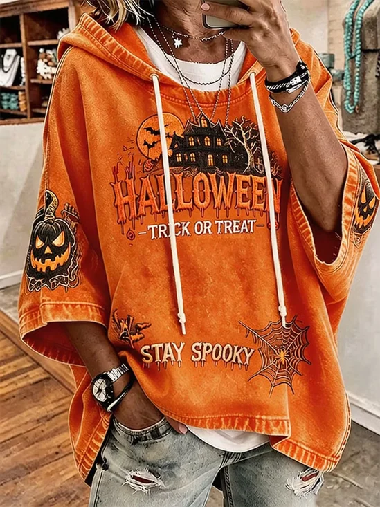Casual Halloween Pumpkin Hoodie Half Sleeve Hoodie