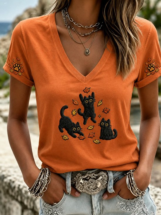 Casual Black Cat Printing V Neck Short Sleeve T-shirt