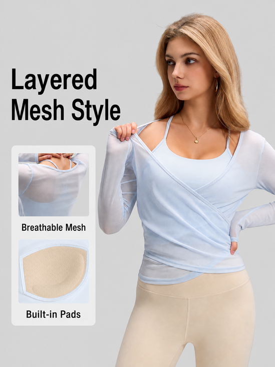 Women's 2-in-1 Long Sleeve Yoga Top Crossover Mesh Sheer Dance Top with Built-in Camisole