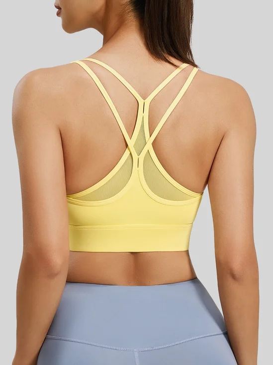 Built-in Padded Strappy Sports Bra for Women Mesh Cross Back Anti-Shake Yoga Top