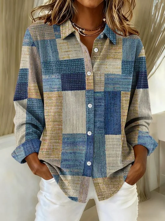 Women Abstract Graphic Vintage Shirt Shirt Collar Long Sleeve Printing Top