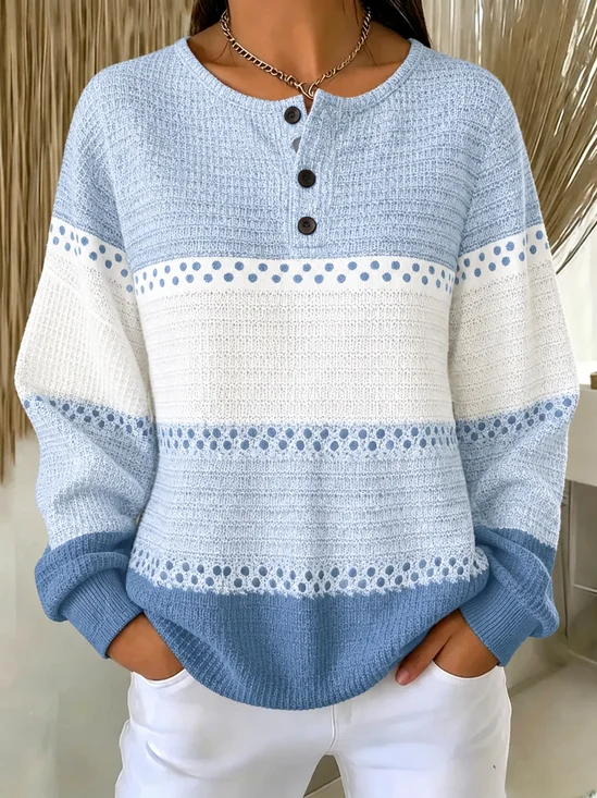 Casual Color Block Henley Collar Long Sleeve Sweatshirt
