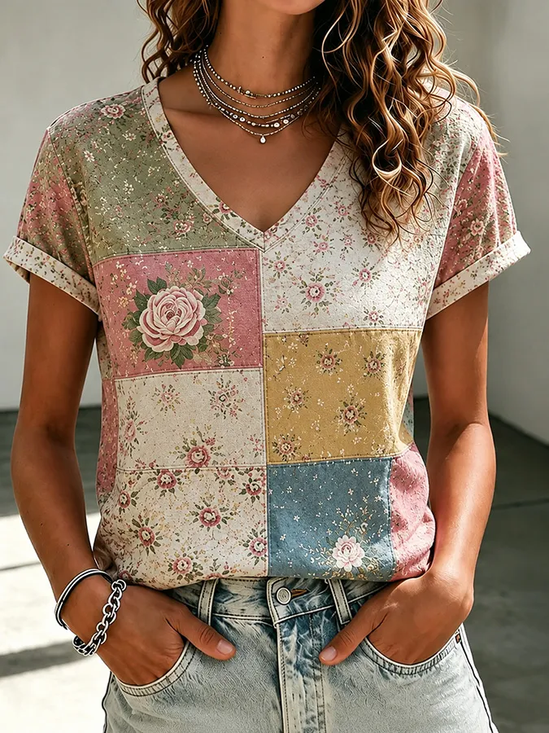 Vintage Floral V Neck Short Sleeve T-shirt