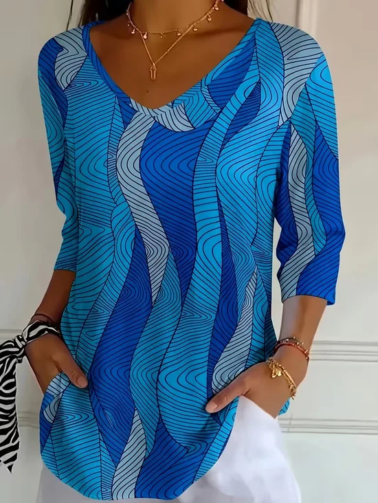 Casual Abstract V Neck Three Quarter Sleeve T-shirt
