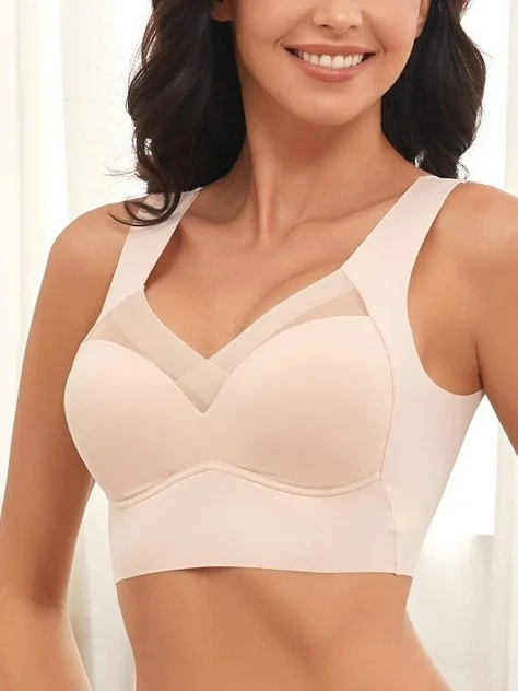 Women's V-Neck Mesh Patchwork Longline Bra Wide Strap Anti-Sagging Comfort Bralette