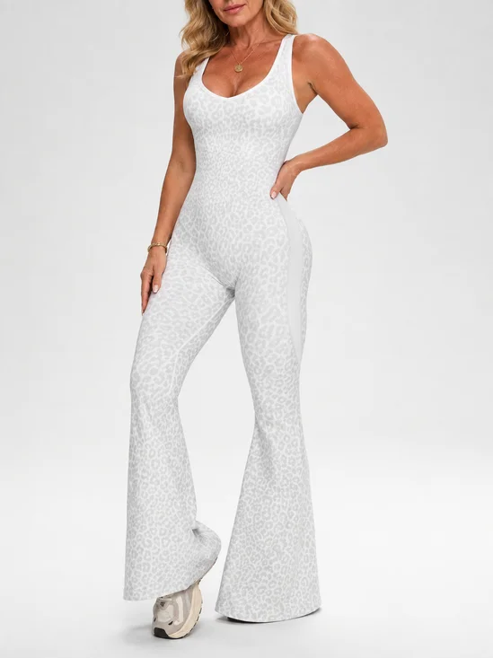 Women's Leopard Print Workout Jumpsuit Scoop Neck Flare Leg One Piece Yoga Catsuit
