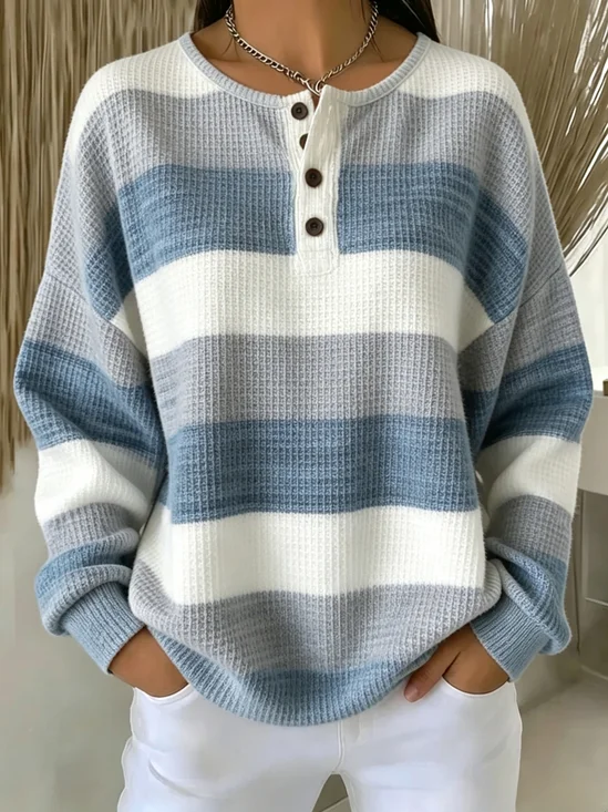 Casual Striped Henley Collar Long Sleeve Sweatshirt