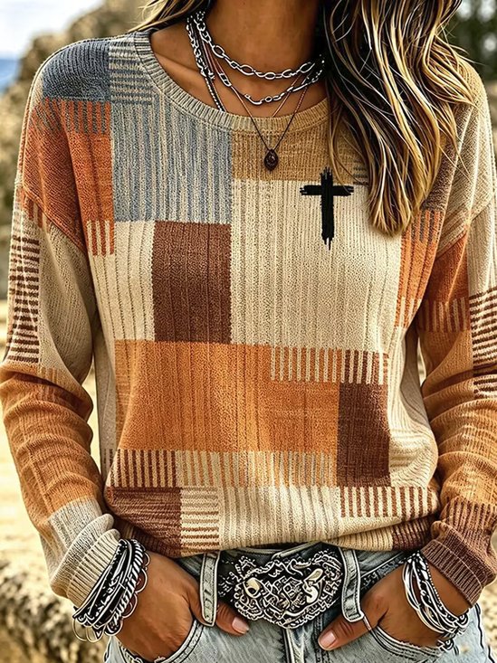 Casual Color Block Crew Neck Long Sleeve T-shirt