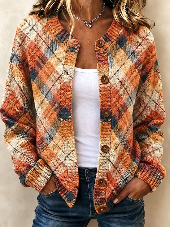 Women Plaid Long Sleeve Comfy Casual Cardigan