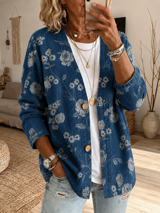 Women Spring/Fall Outerwear Casual Printing Floral Long Sleeve Jacket