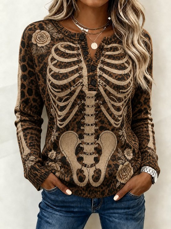 Casual Floral Henley Collar Long Sleeve T-shirt