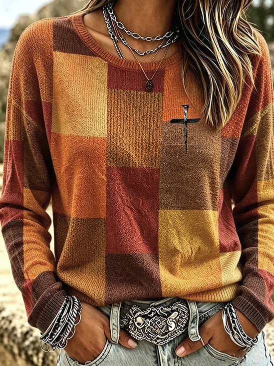 Vintage Color Block Crew Neck Long Sleeve T-shirt