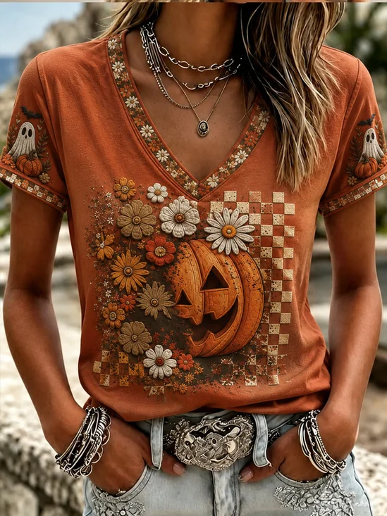 Vintage Floral V Neck Short Sleeve T-shirt