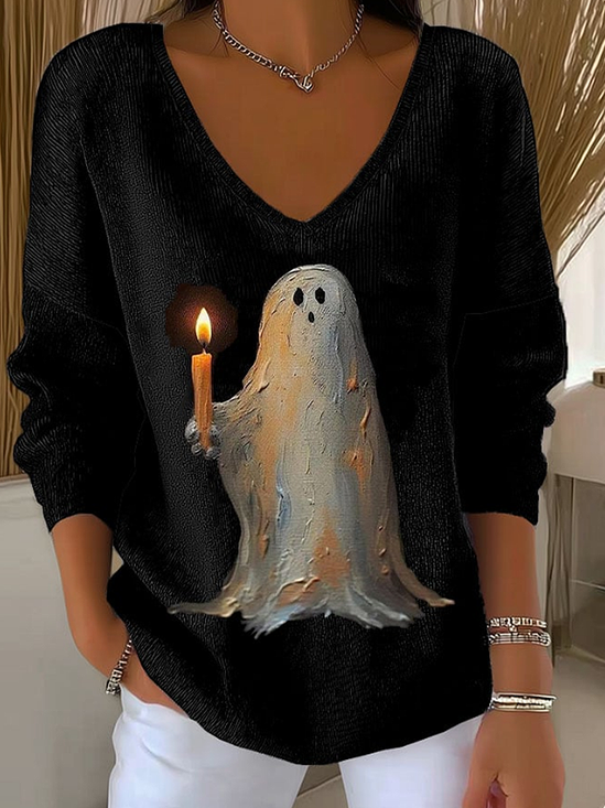 Casual Halloween V Neck Long Sleeve T-shirt
