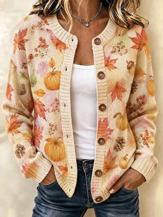 Women Maple Leaf Long Sleeve Comfy Casual Cardigan