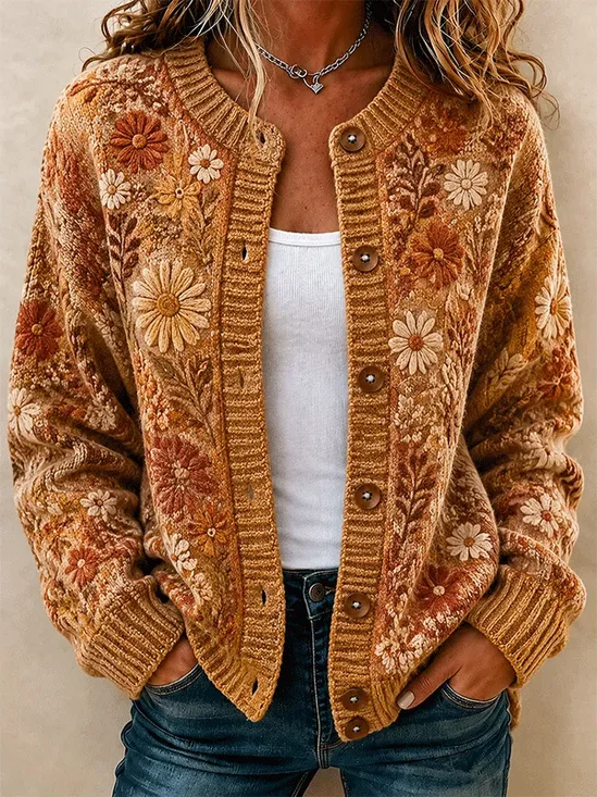 Women Floral Long Sleeve Comfy Vintage Printing Cardigan