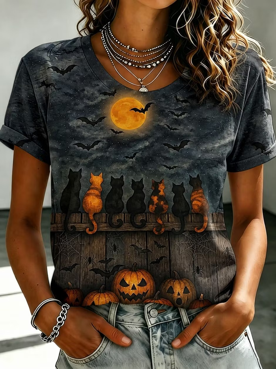 Casual Cat Crew Neck Short Sleeve T-shirt