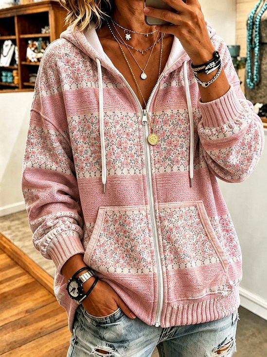 Women Spring/Fall Outerwear Casual Floral Long Sleeve Hoodie Jacket