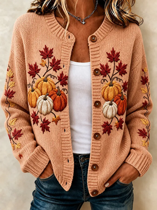 Women Maple Leaf Long Sleeve Comfy Vintage Printing Cardigan